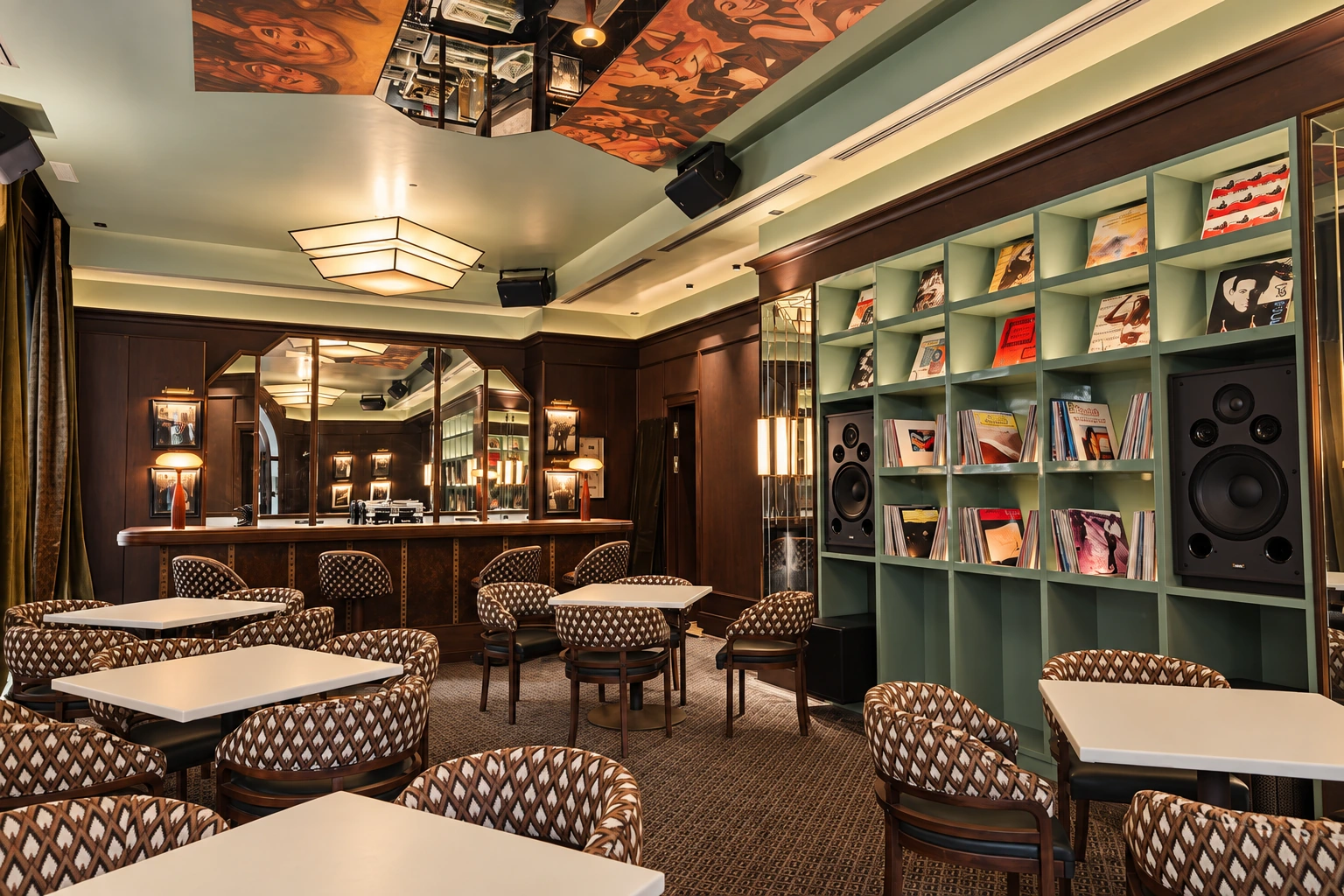 La Biblioteca de FOX, con estanterías verdes, madera y mesas para conversar